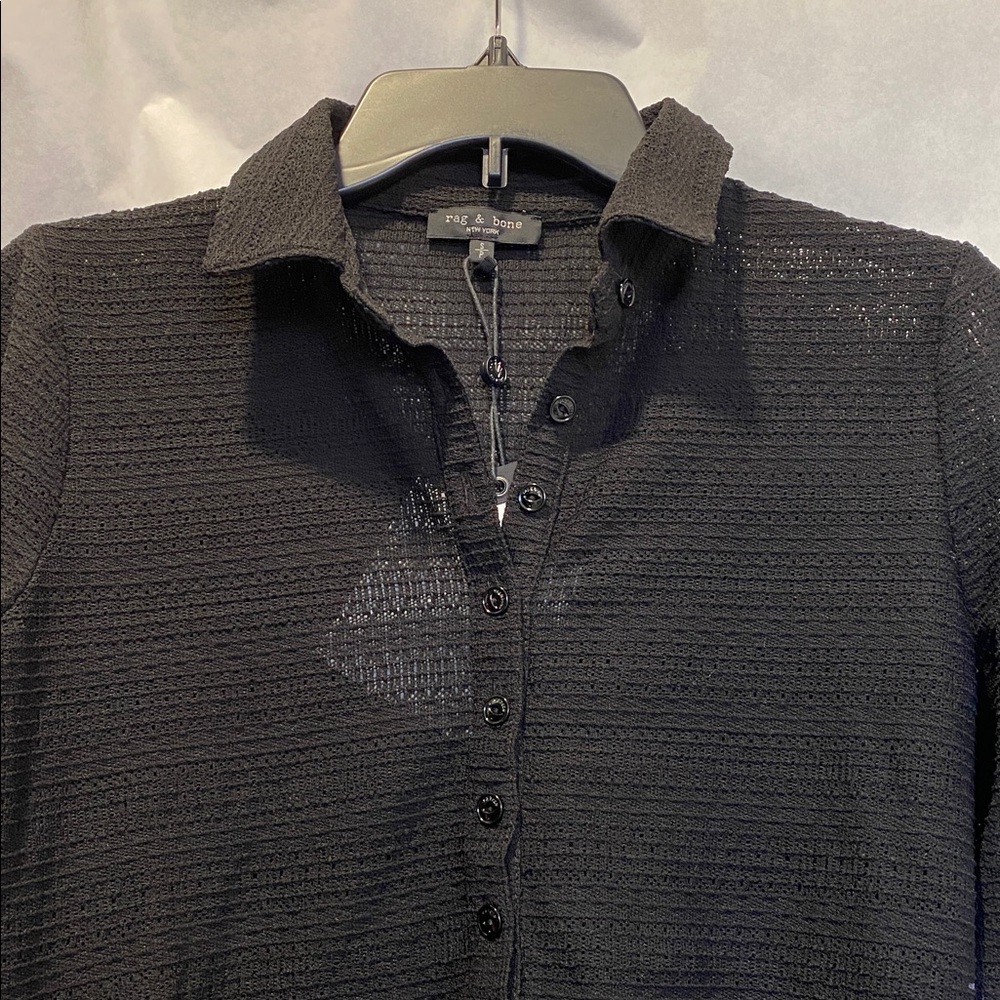 rag & bone Julia Textured Open-Knit Polo Top Black S NWT - Picture 7 of 9